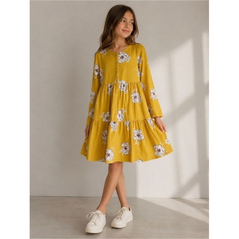 Tea Collection Tiered Dress Cotton Floral Mustard Yellow Size 12 Girls Casual